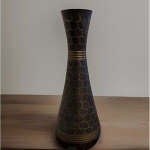 Vintage Metal (Brass?) Vase Decorative, Animal Print Like Pattern 8 5/8" Indian
